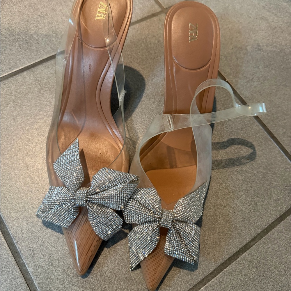 Zara Elegant vinyl pumps crystal Silver Bow Cinderella Women Shoes 8 39